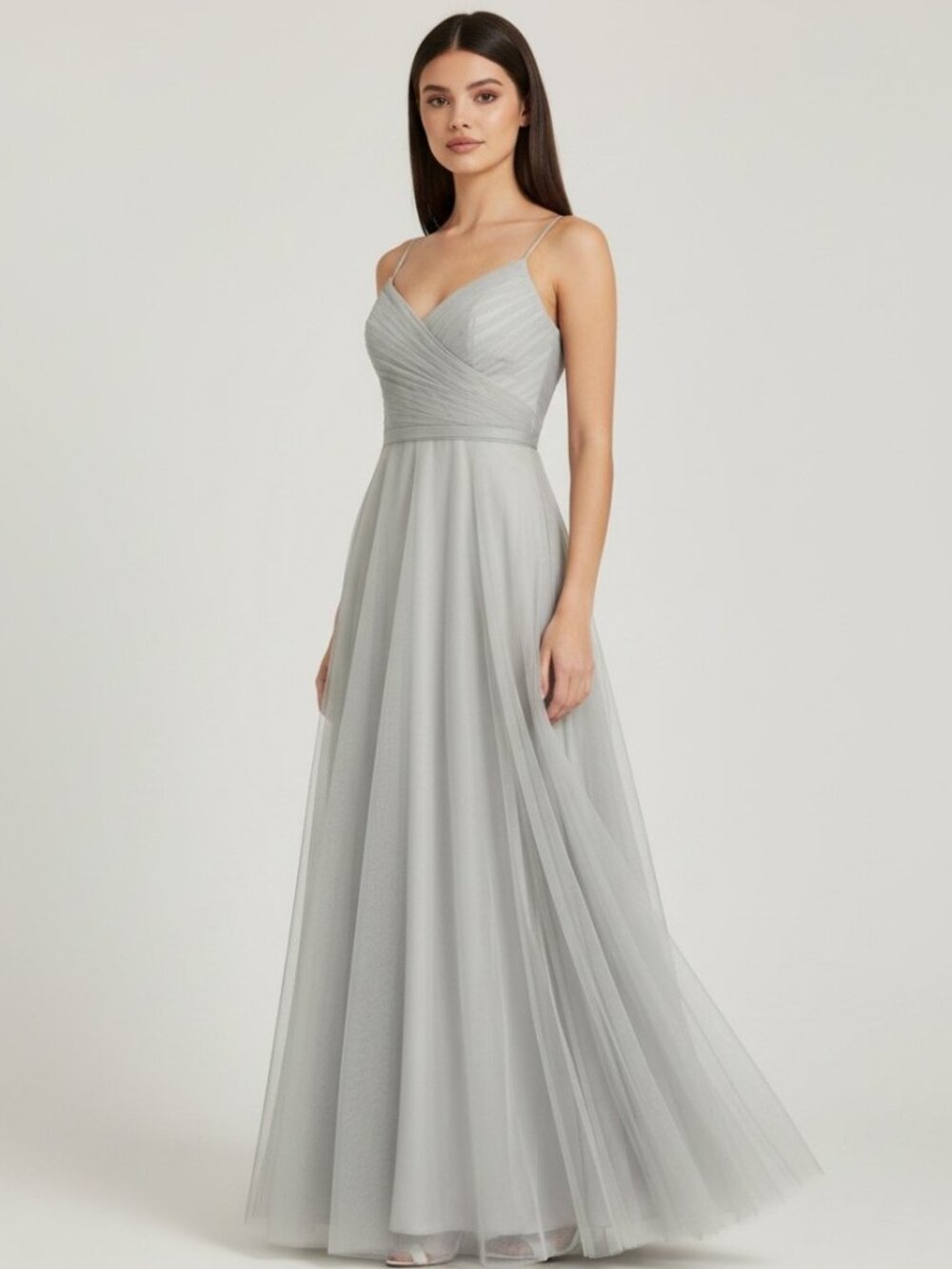 WToo Bridesmaid Formal Long Dress Size 6 Dusty Blue Tulle V-Neck Evening Fairy